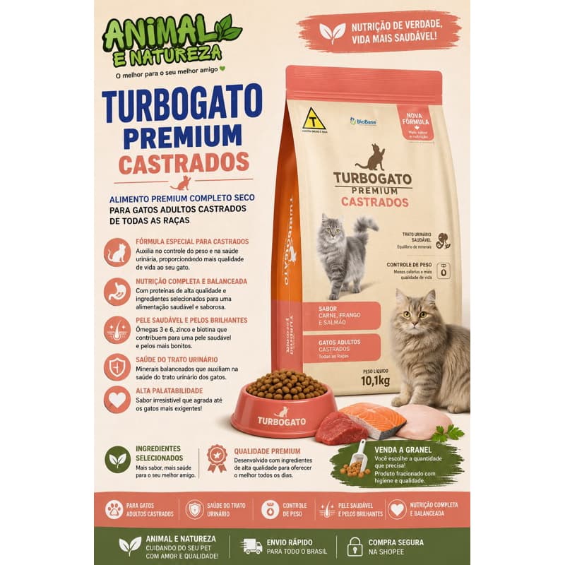 Ração Turbo Gato Castrado Frango, Carne e Salmão a Granel | Alimento Completo para Gatos Adultos Castrados