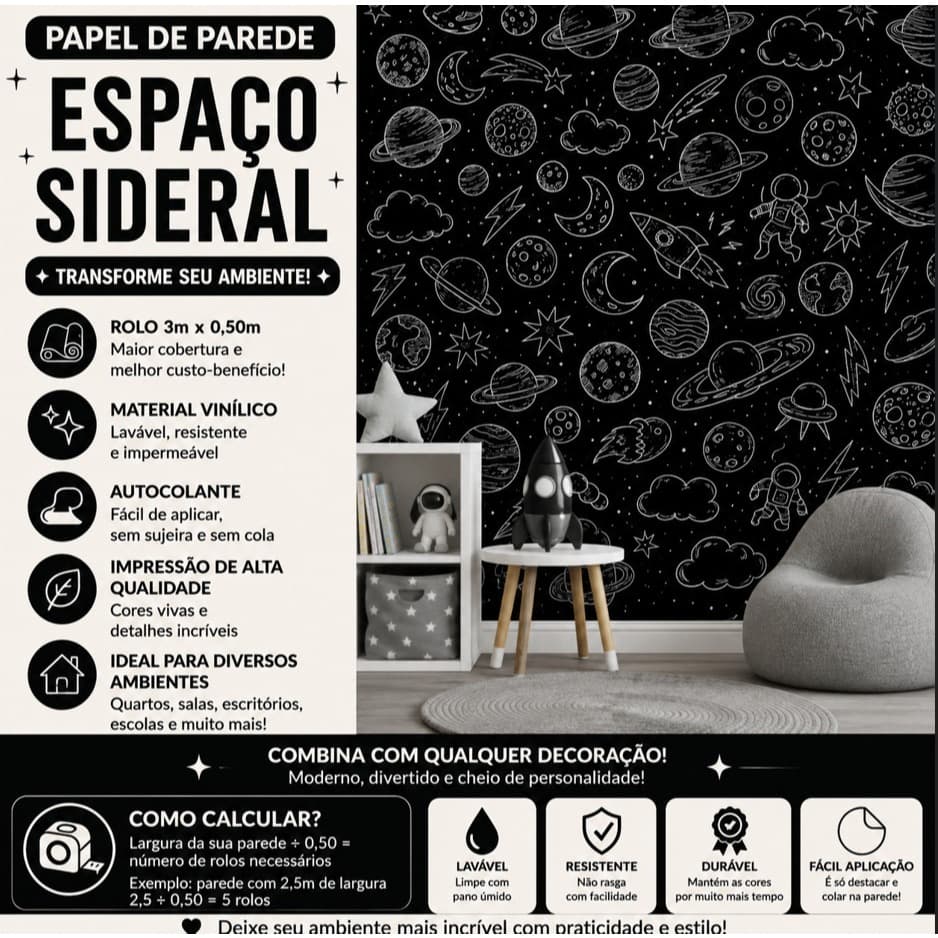 Papel de Parede adesivo para quarto Espaço Sideral Infantil 3x50