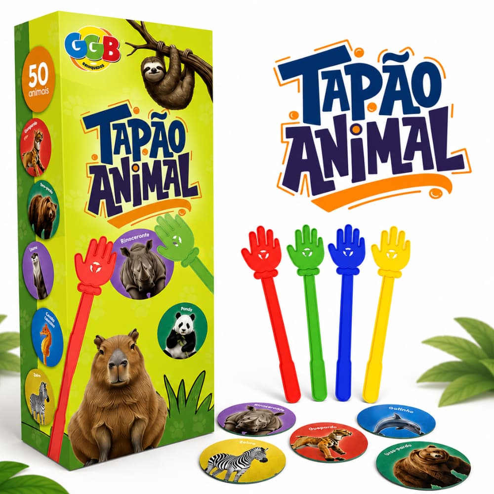 Jogo Tapão Animal GGB Educativo 50 Animais com 4 Maozinhas Jogo de Reflexo Infantil Família +5 Anos