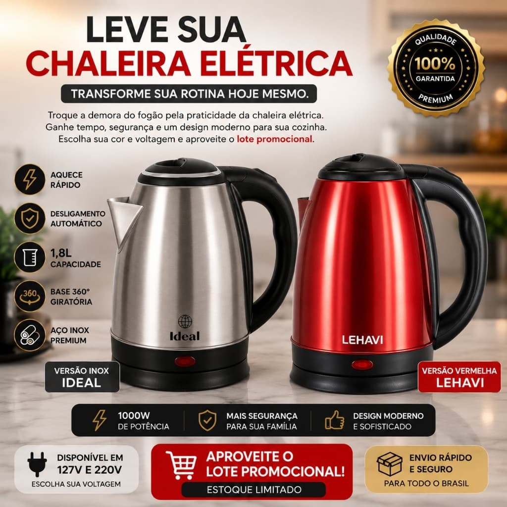 Chaleira Elétrica 1,8L 1000W/1500W Desligamento Automático Vermelha/ Inox, 127V/220V