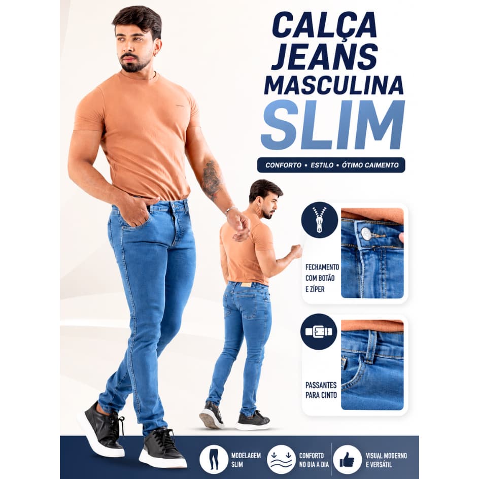 Calça Jeans Masculina Skinny Azul Claro com Elastano Confortável Moderna e com Bolsos Funcionais