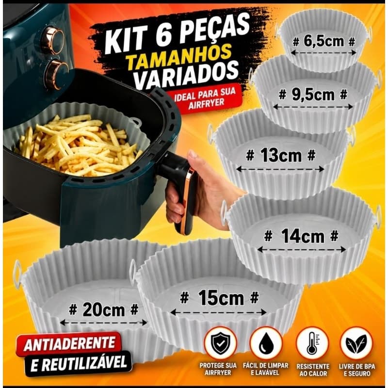 Kit 6 Formas de Silicone para Airfryer | Reutilizável Antiaderente | Fácil de Lavar | Não Gruda