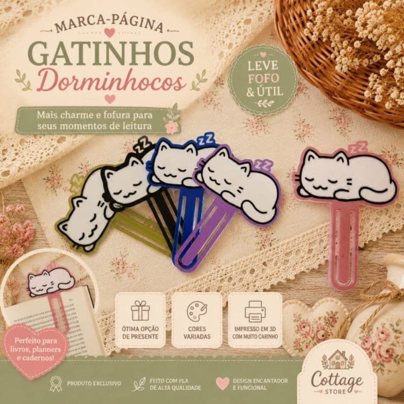 Kit 5 peças Marcador de Página Gatinho Dormindo Fofo para Livros Impresso em 3D
