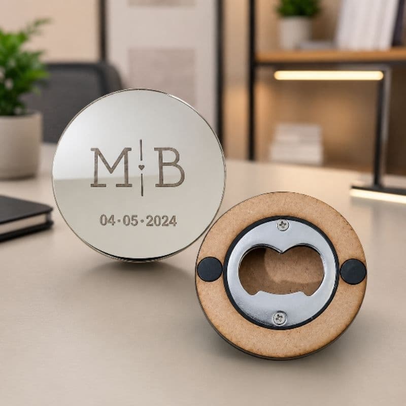 Abridor de garrafas personalizado em mdf e acrílico espelhado imã, chaveiro, casamento, lembrancinha, brinde