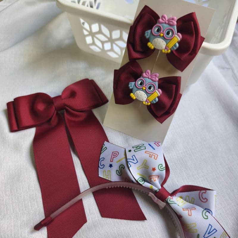 Kit Laço Escolar Infantil Volta às Aulas Laços e Tiara para Menina | Acessórios de Cabelo Escolar vermelho bordô marsala