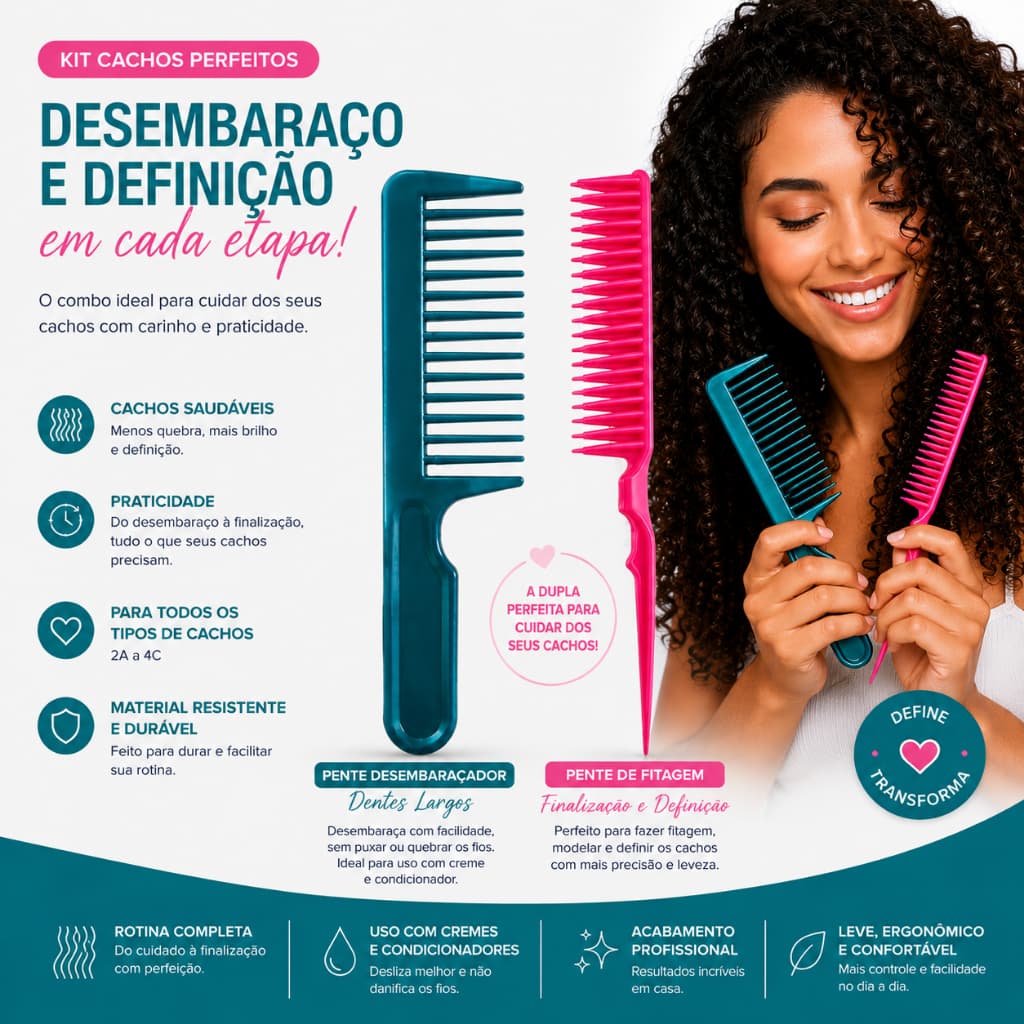 Kit 2 pentes Para Cabelo Cacheado Pente Denstes Largos Para Desembaraçar + Pente Fitagem Cachos