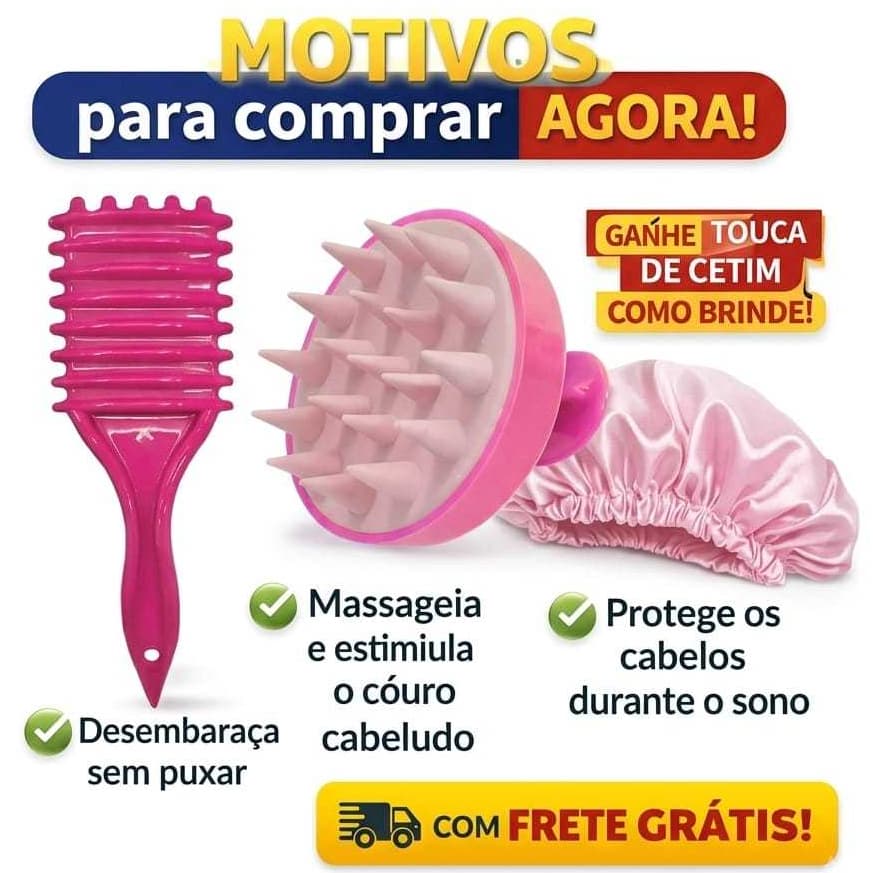 Kit Capilar Belvia Hair com Touca de Cetim + Massageador + Escova à Escolha (Mágica, Fitagem ou Polvo)