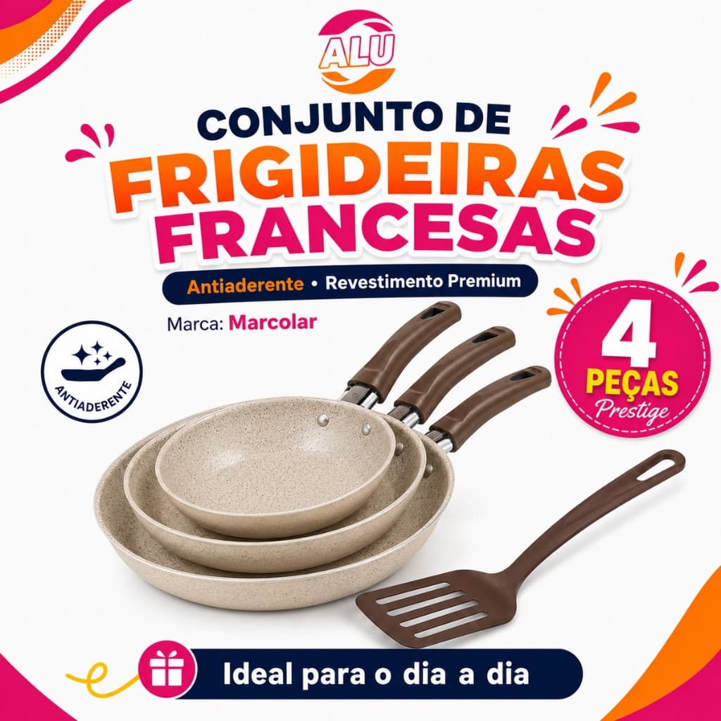 Kit 3 Frigideiras Antiaderentes Marcolar Cor Vanilla Creme Nº 18, 20 e 22 + Espátula de Nylon – 4 Peças