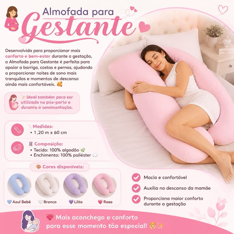 Almofada Para Gestante Corpo Inteiro 1,20m Conforto Gravidez e Amamentação