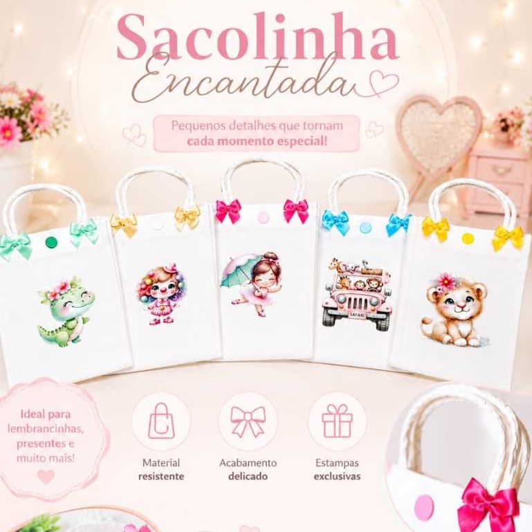 KIT COM 5 SACOLINHA ENCANTADA, EM TECIDO CRU- DELICADEZA E CHARME PARA LEMBRANCINHAS APLIQUES FOFOS