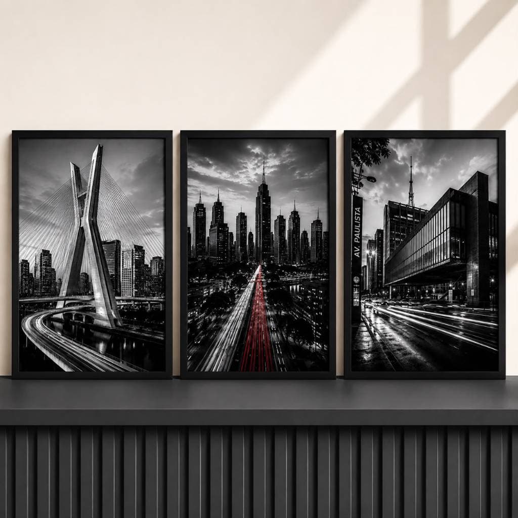 Kit 3 Quadros Cidade São Paulo Preto e Branco Decorativo Ponte Estaiada Avenida Paulista Moldura com Vidro Premium