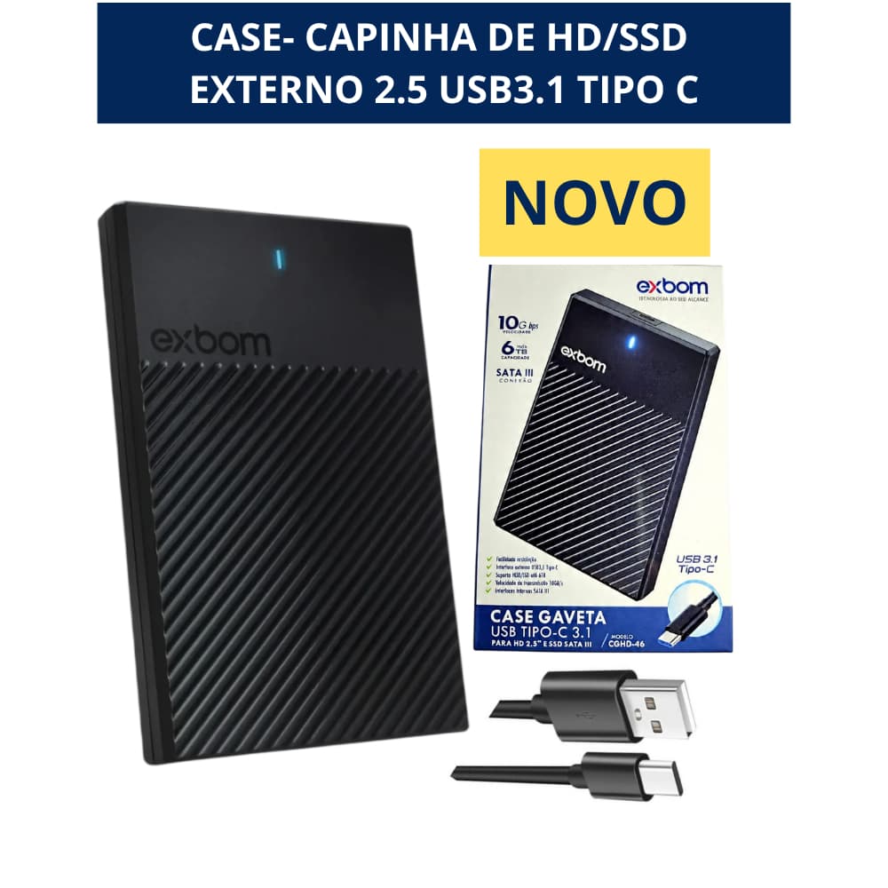 Case HD/SSD Externo USB 3.1 Transparente/Preto/Gaveta/Adaptador HD 2.5 SATA Exbom PS4 Xbox One