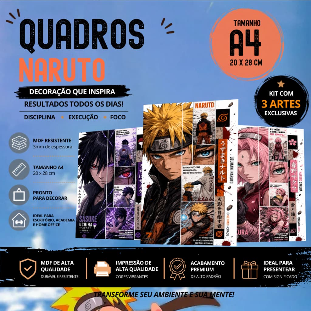 Quadro Naruto Time 7 MDF A4 | Decoração Geek Anime Presente para Fãs