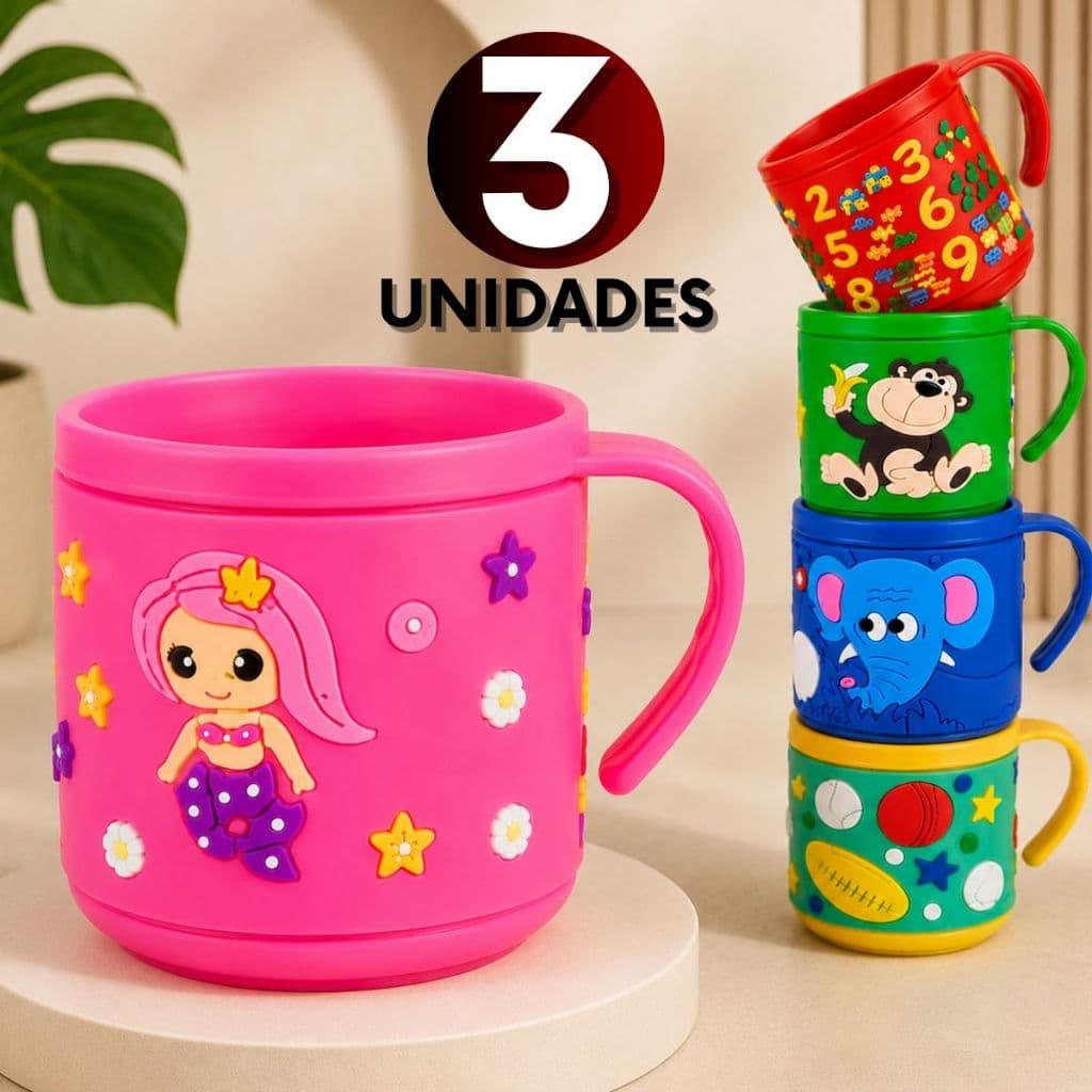 Kit 3 Canecas Colorida 230ml Copo Infantil Emborrachado Para Crianças