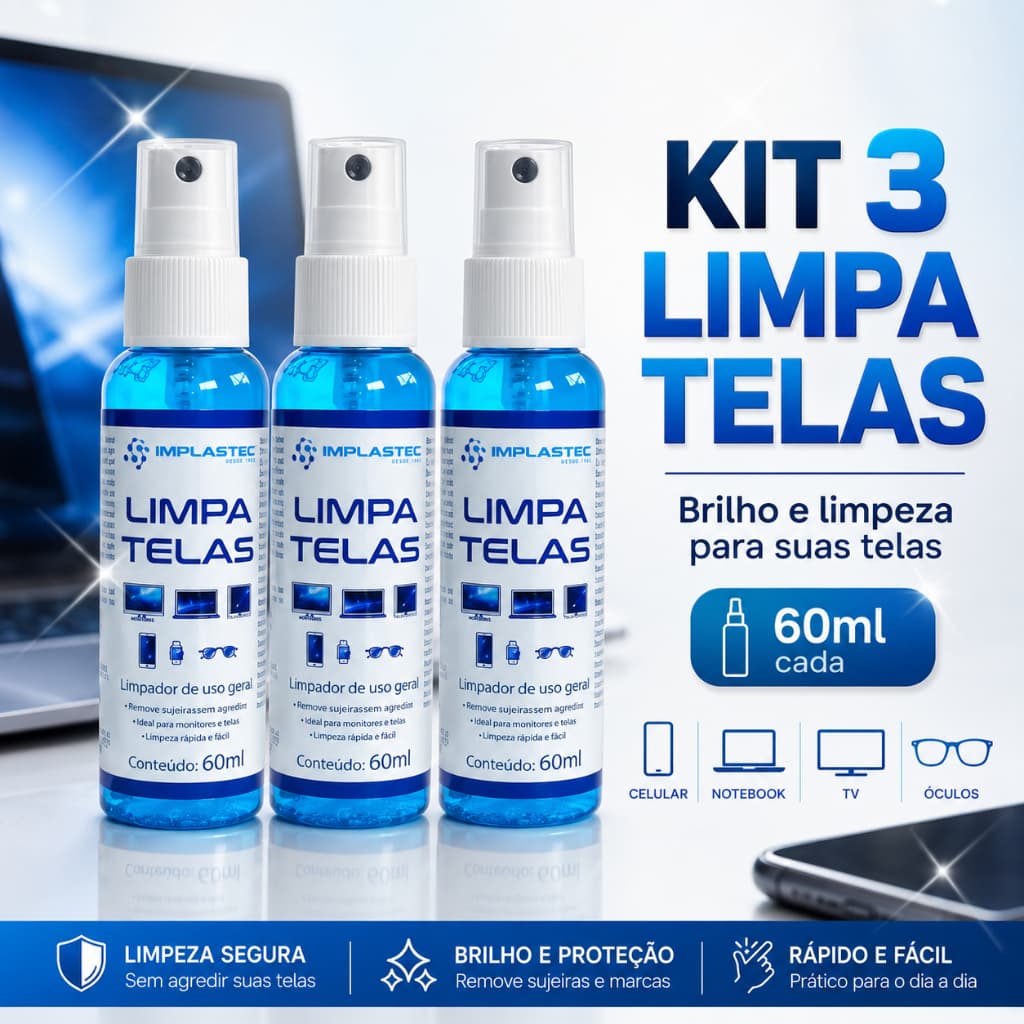 Kit 3 Limpa Telas Spray 60ml Limpador de Tela Celular Notebook Tablet TV Monitor Óculos