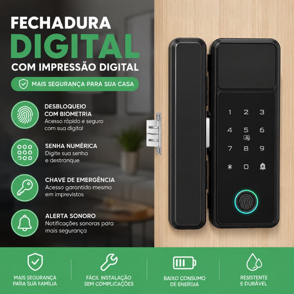 Fechadura Digital Biométrica Senha Teclado Iluminado Para Porta Madeira Apartamento Residencial VisionTech_