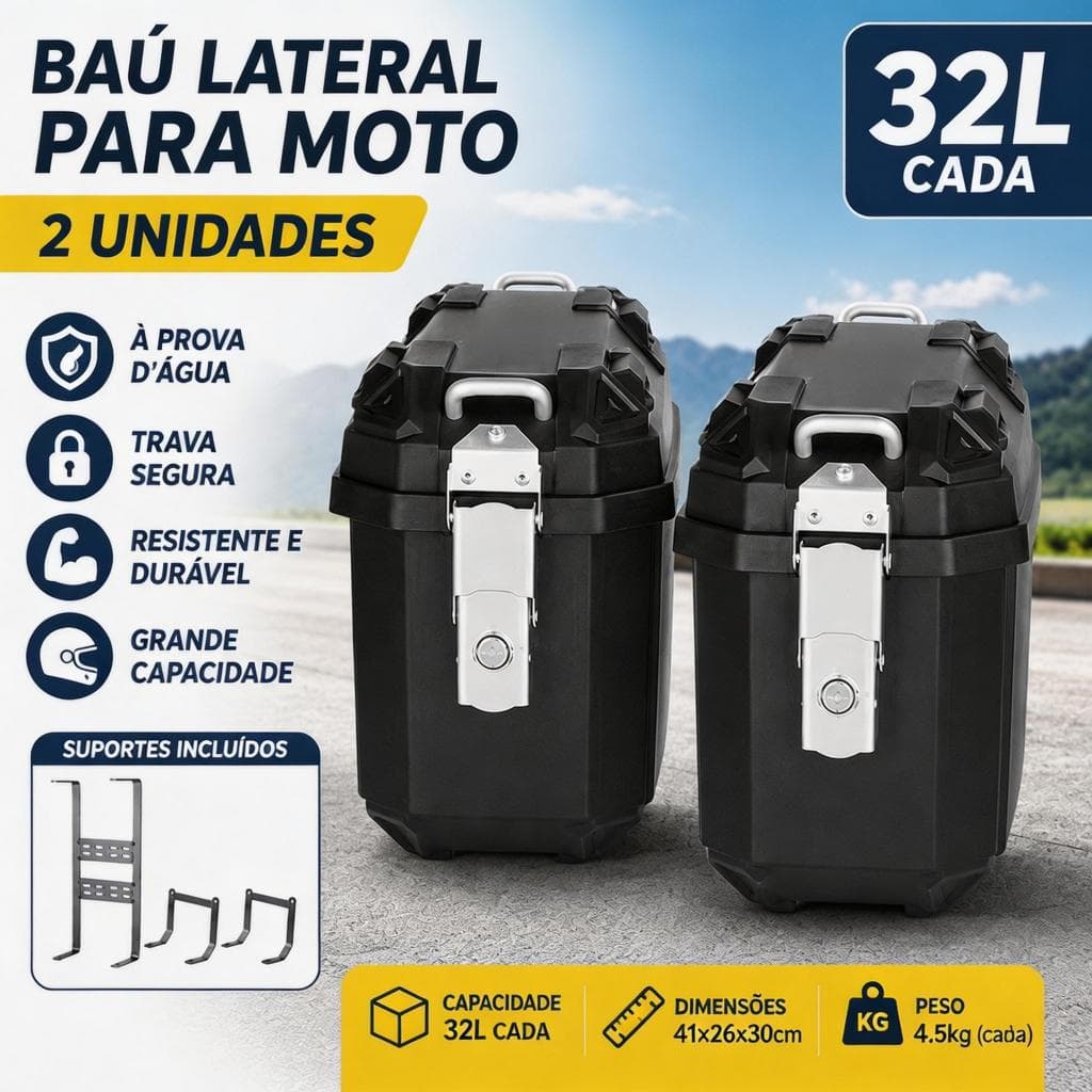 Kit 2 Baú De Moto Lateral Plástico 32 Litros Preto Tronos