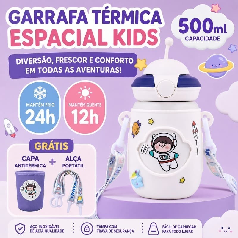 Garrafa Térmica De água 500ml Inox Com manga de copo e canudo Quente e Frio Adorável Colorida-126
