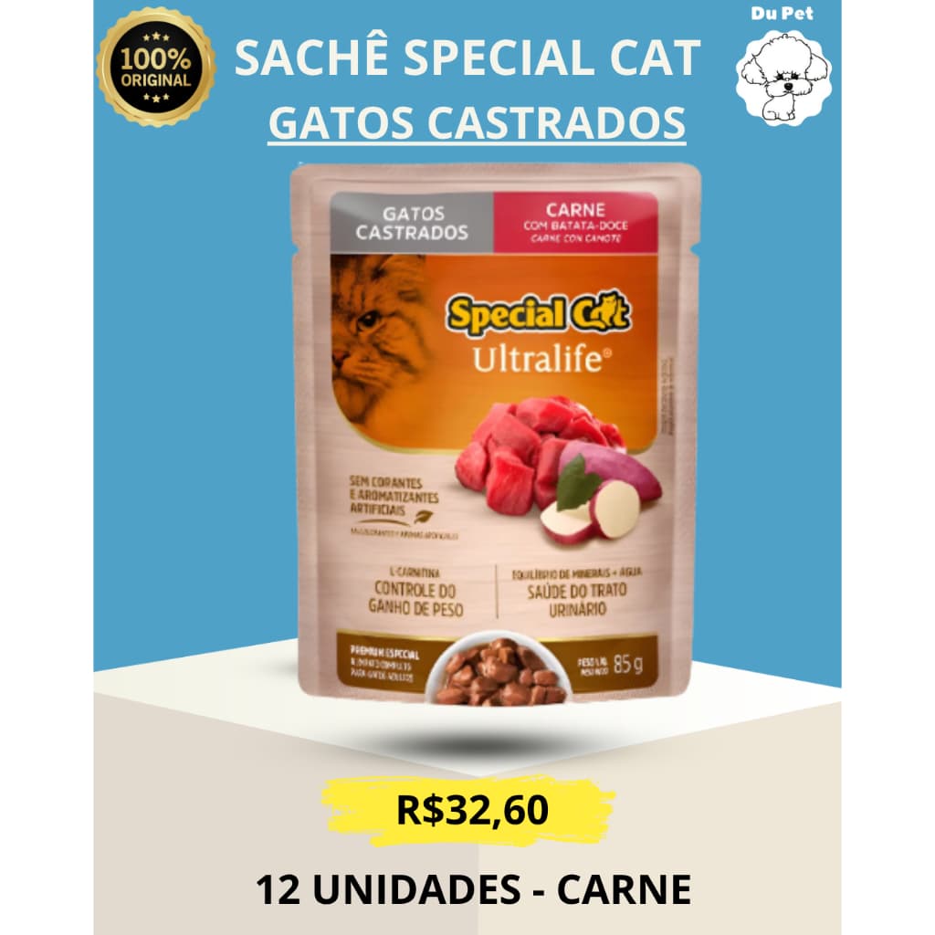 KIT ( CAIXA ) 12 UNIDADES SACHÊS SPECIAL CAT CARNE - GATOS CASTRADO - RAÇÃO ÚMIDA