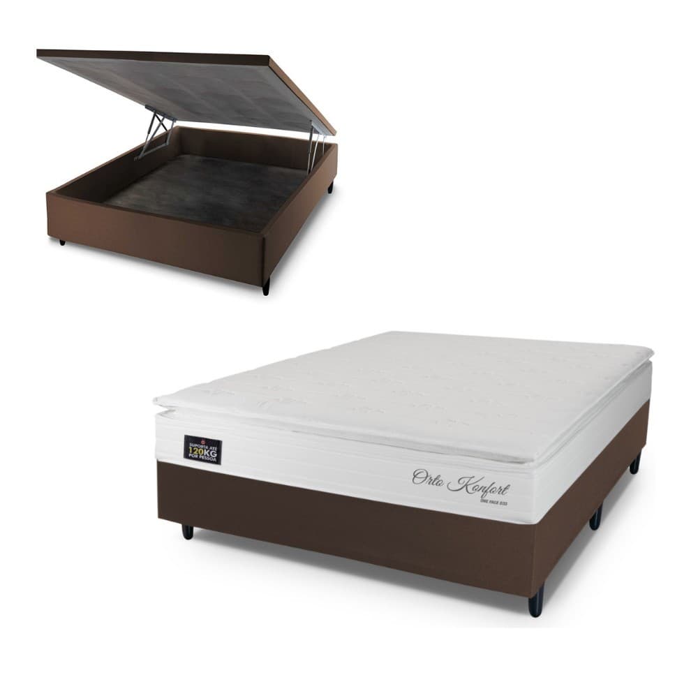 Cama Box Baú Casal Hellen Orto Konfort Espuma D33 Pillow Top 138x188x60cm
