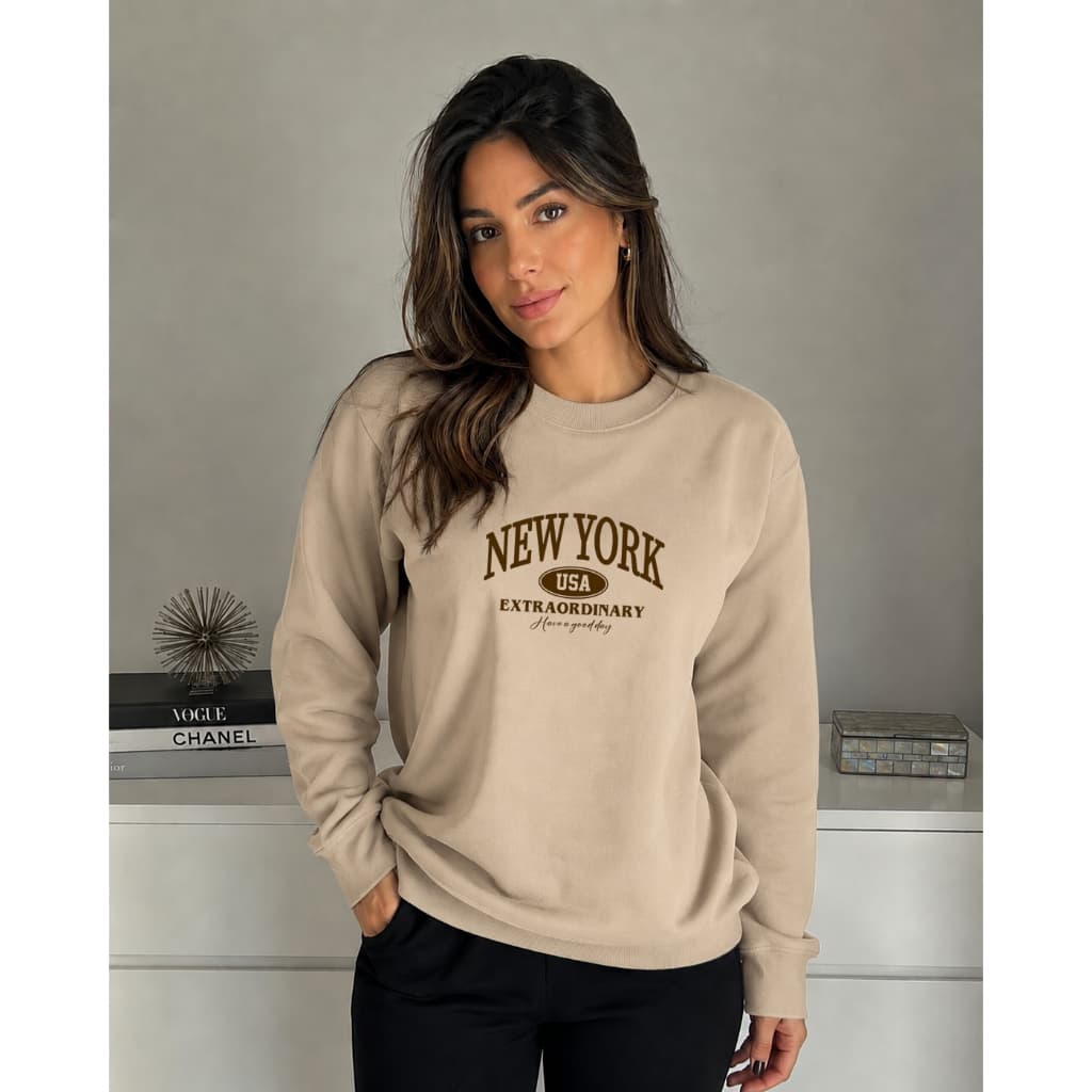 Blusa De Moletom Gola Redonda New York Estampa Feminino Flanelado Inverno