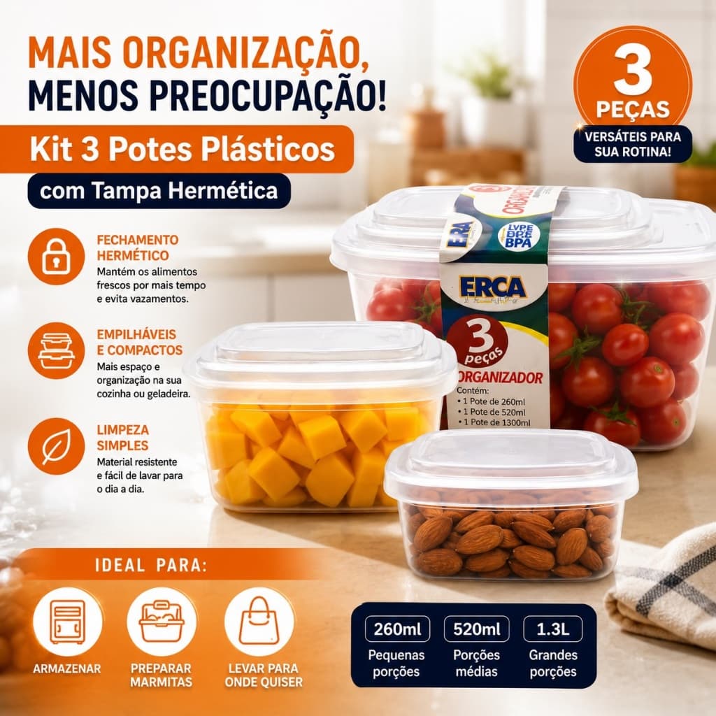 3x Potes Plásticos Práticos Versáteis Organização Cozinha Armário
