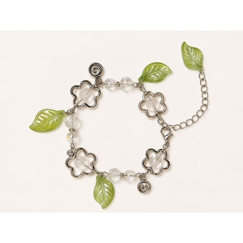 Pulseira Feminina Delicada Flores E Folhas Verdes Miçangas Vintage Natureza Fada Flores e Folhas