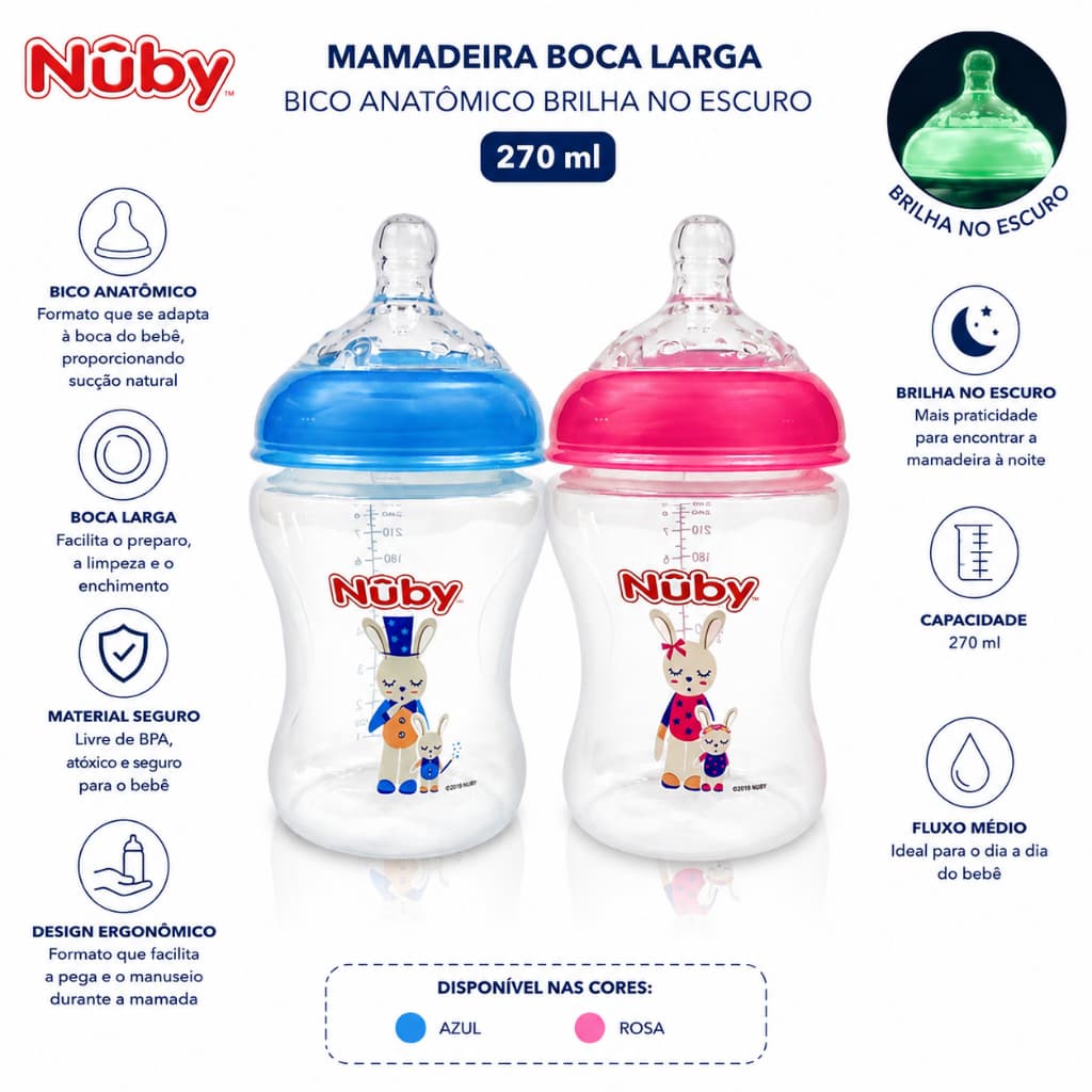 Mamadeira Boca Larga Nuby Bico Anatômico Brilha no Escuro 270 ml