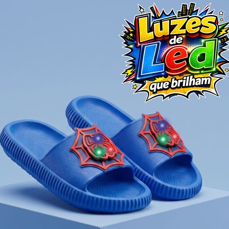 Chinelo Infantil com LED Masculino Aranha | Slide Macio, Antiderrapante, Confortável e Resistente