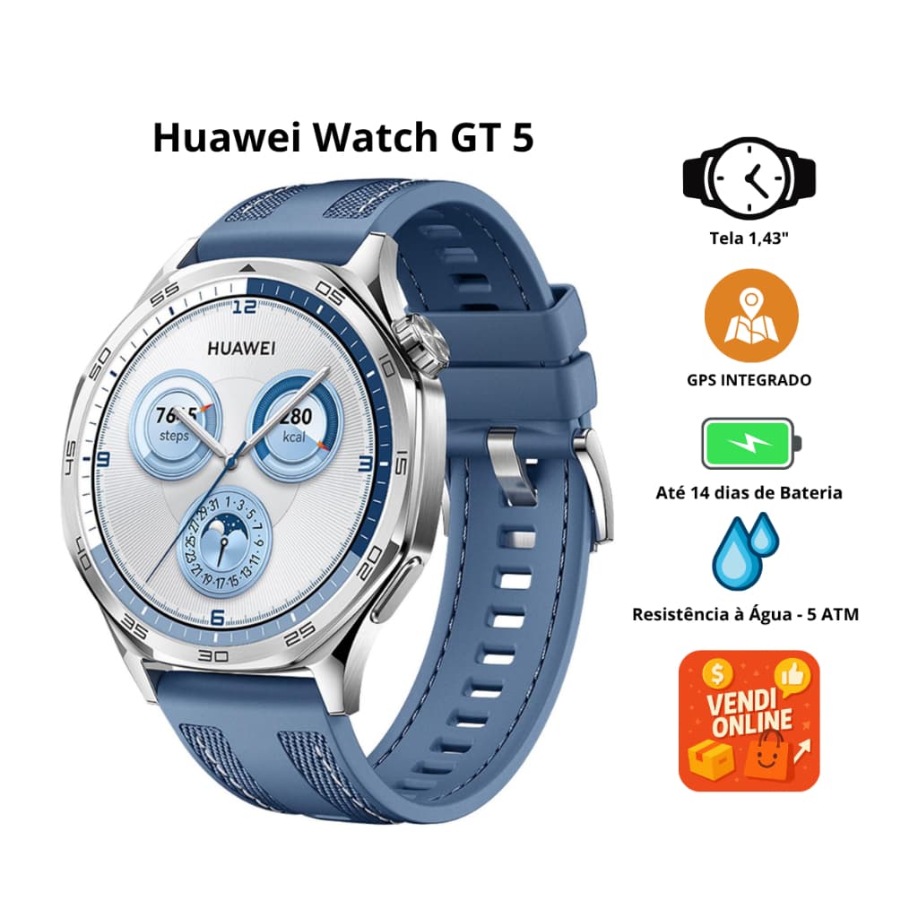 Relógio Smartwatch HUAWEI Watch GT 5 46mm AMOLED GPS Bluetooth 5ATM Chamadas 100+ Esportes