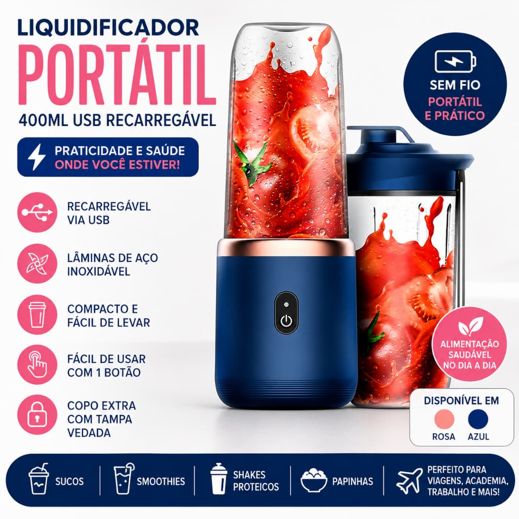 Liquidificador Portátil 400ml USB Recarregável Mini Processador Blender Shakes Smoothies Rosa Azul