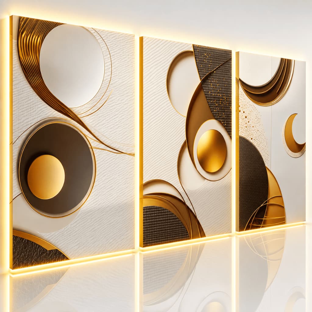 Quadro Decorativo Abstrato Geométrico 3 Peças Dourado Moderno Luxo para Sala Escritório