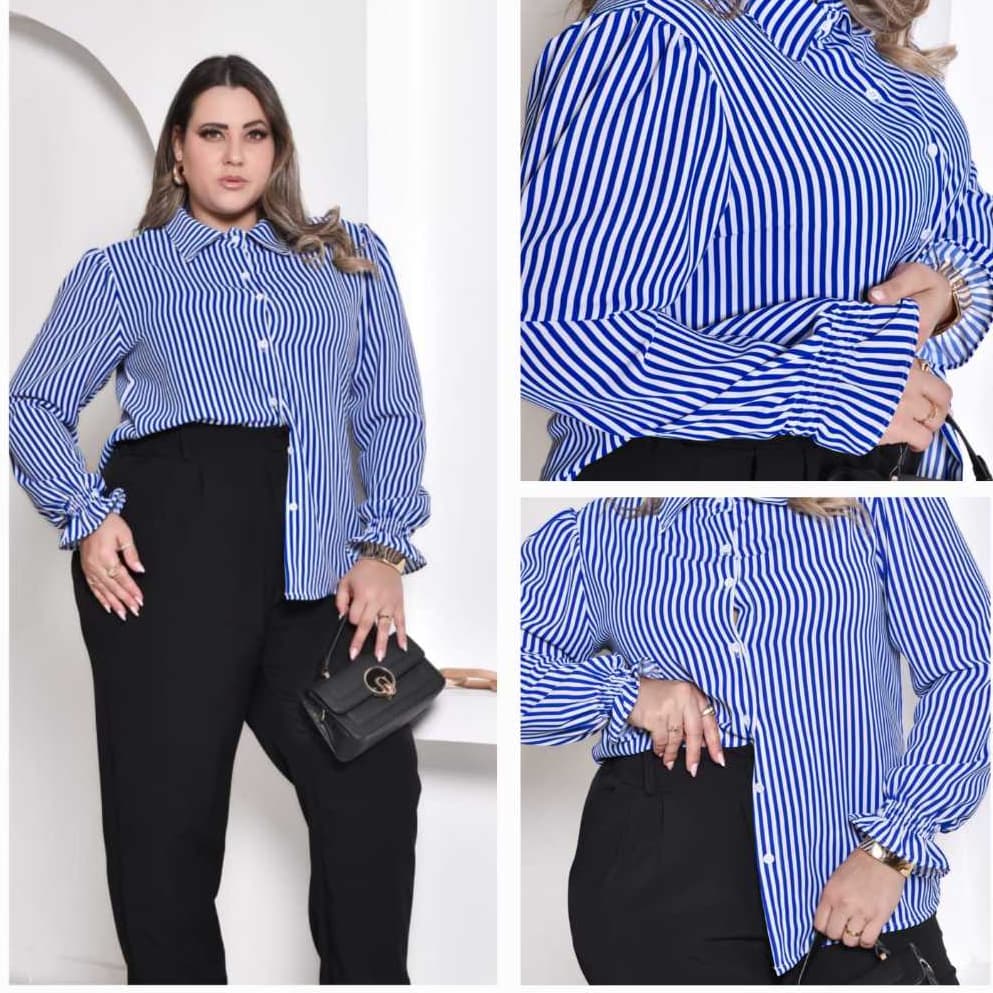 Camisa Femenina Social Listrada Plus Size com Elastico no Punho Manga Longa