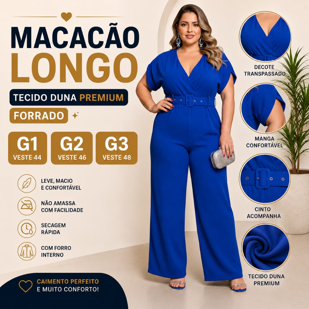 Macacão Feminino Longo Plus Size G1 G2 G3 Tecido Duna Com Cinto Forrado Conforto