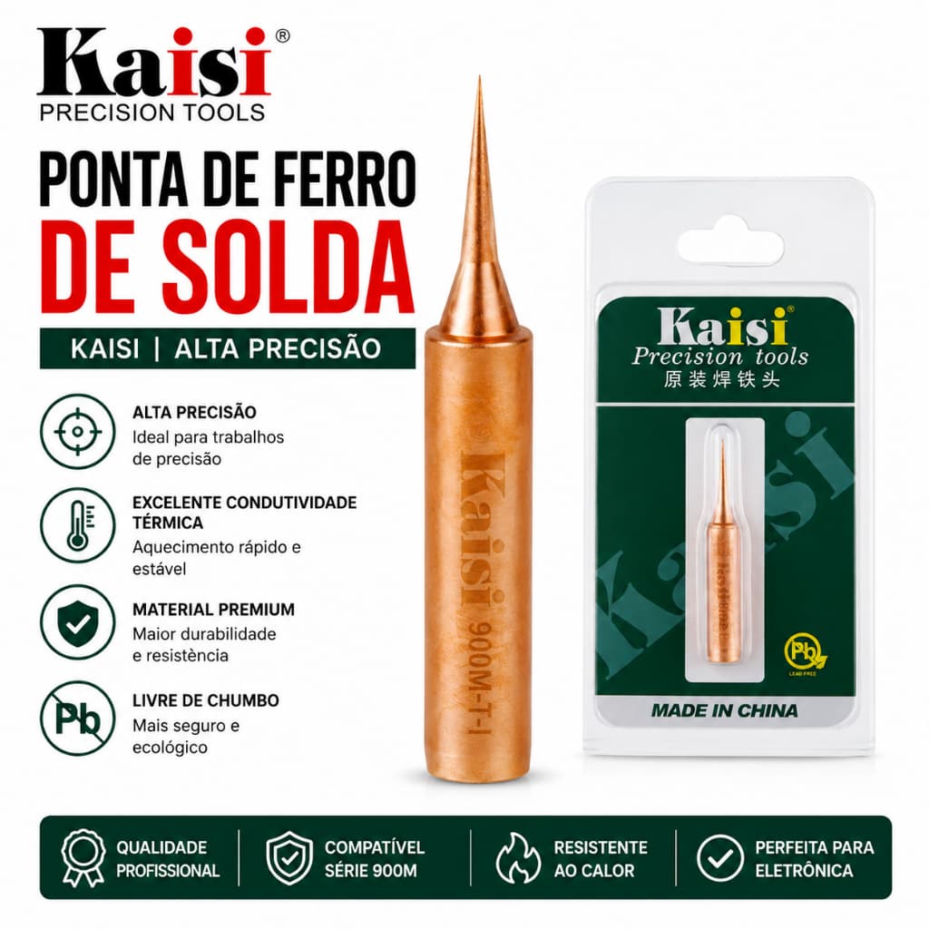 Ponta de Ferro de Solda Fina Agulha Reta Cobre Alta Precisão Profissional Kaisi