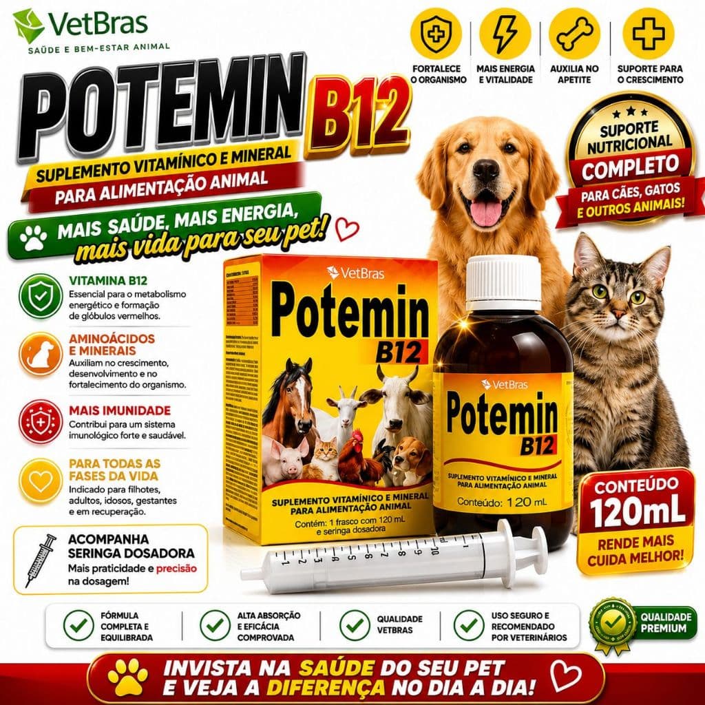 Potemin B12 - Suplemento Vitamínico e Mineral para Pet Cães Gatos e Aves 120ml