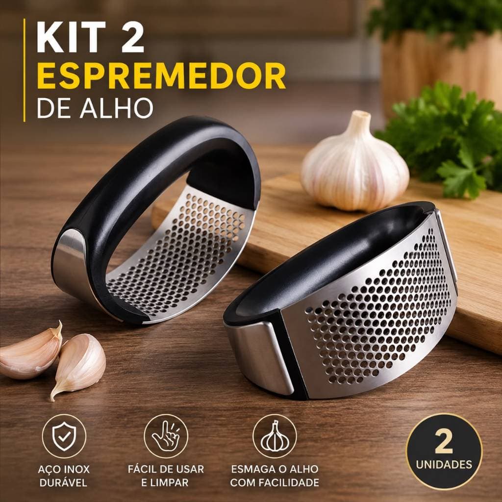 Kit 2 Espremedor de Alho em Aço Inox Triturador Amassador de Alho Manual Premium Resistente Fácil de Limpar