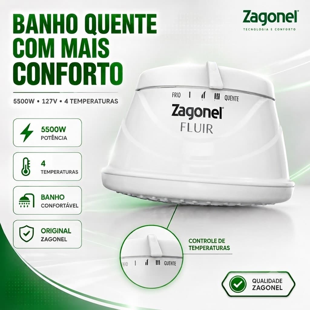 Ducha Elétrica 5500w 127V Zagonel Fluir Chuveiro Branco 4 Temperaturas Original