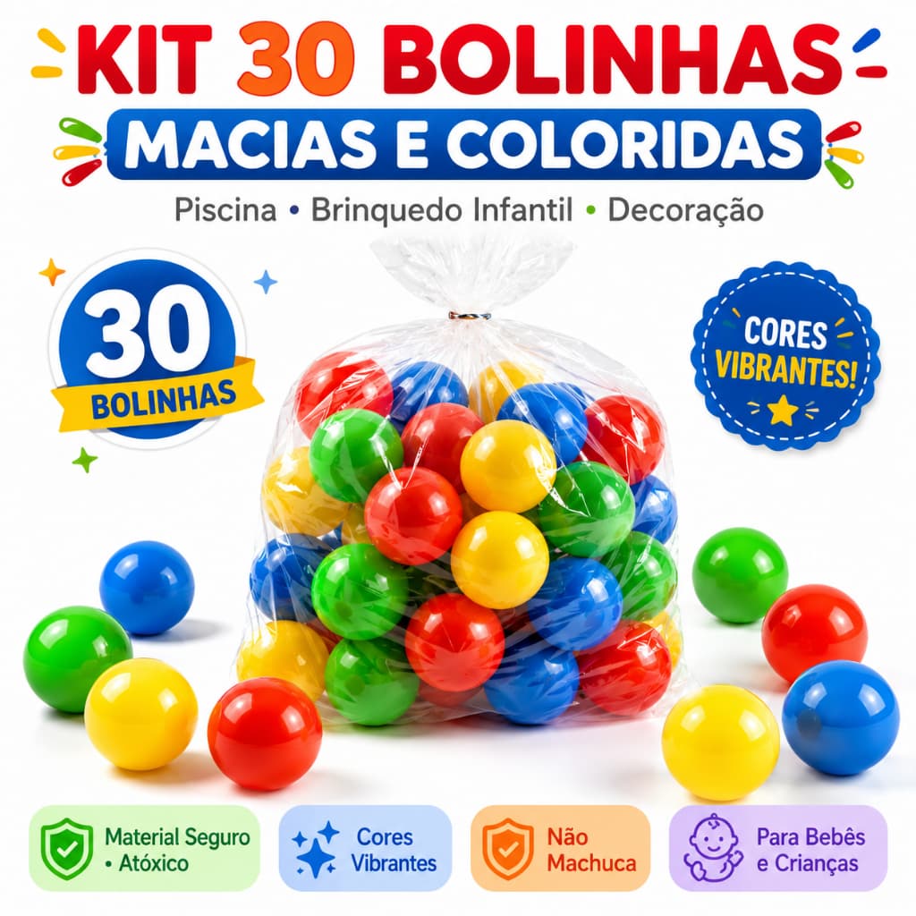 30 Bolinhas de Piscina Coloridas Infantil Coloridas 71mm Macias Brinquedo Criança