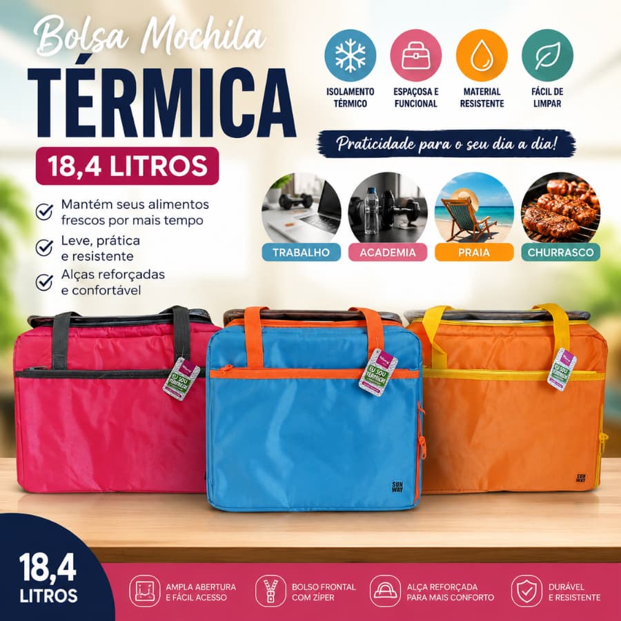 Bolsa Mochila térmica 18,4 litros Bag Para Marmita Trabalho Academia Praia Churrasco