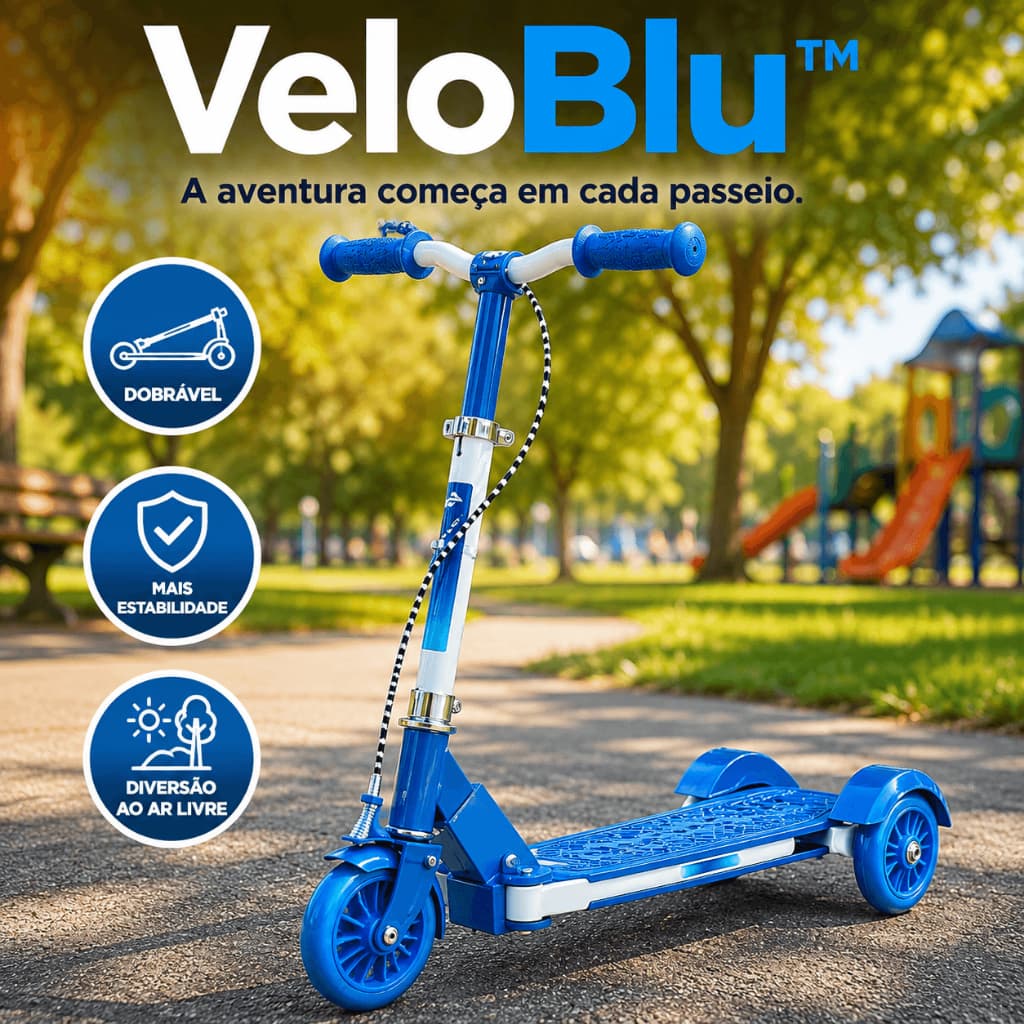 Patinete Infantil Dobrável VeloBlu Azul 3 Rodas com Freio e Guidão Ajustável