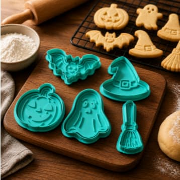 Kit Cortador de Biscoito Halloween 5 Peças com Marcador para Confeitaria Festas Temáticas Adultos e Crianças Preto