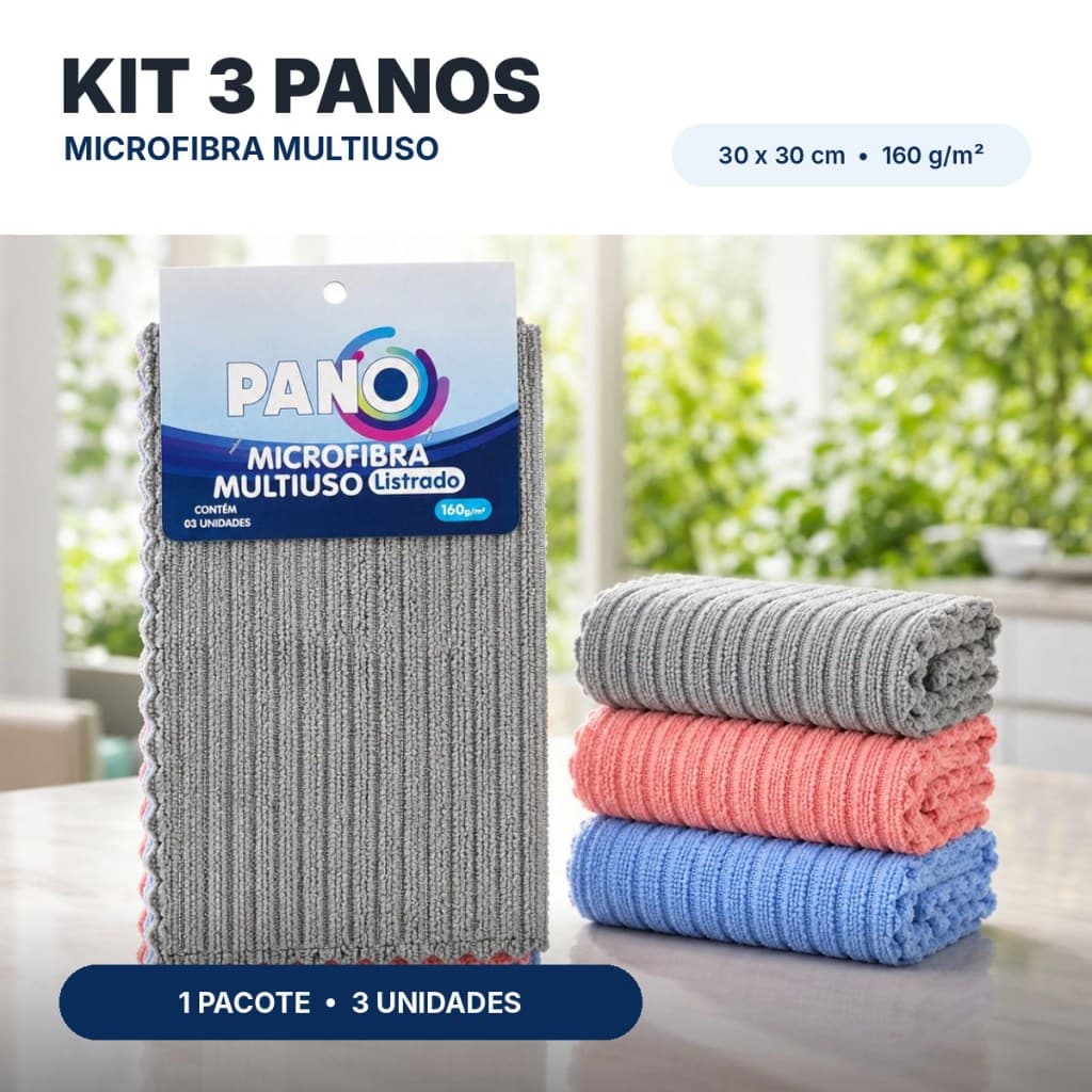 Kit 3 Panos de Limpeza Microfibra Multiuso Alta Absorção para Cozinha Vidros e Móveis