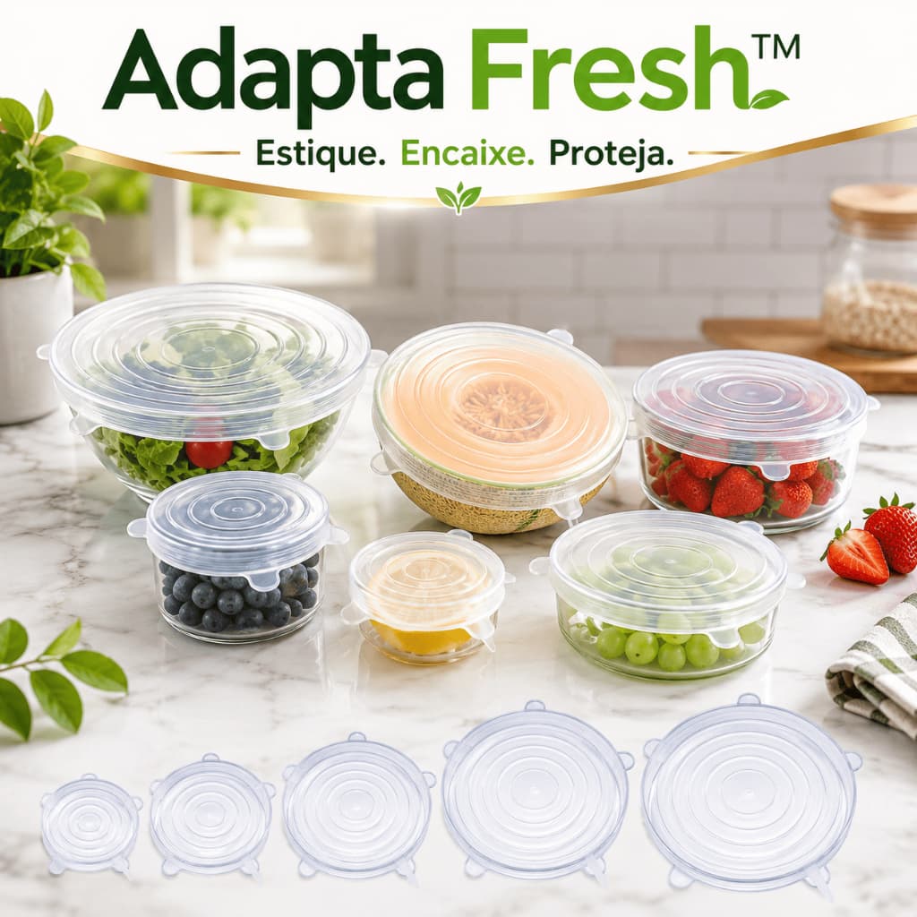 Kit 6 Tampas Silicone Reutilizáveis Adapta Fresh™ Flexíveis Universal para Potes e Alimentos