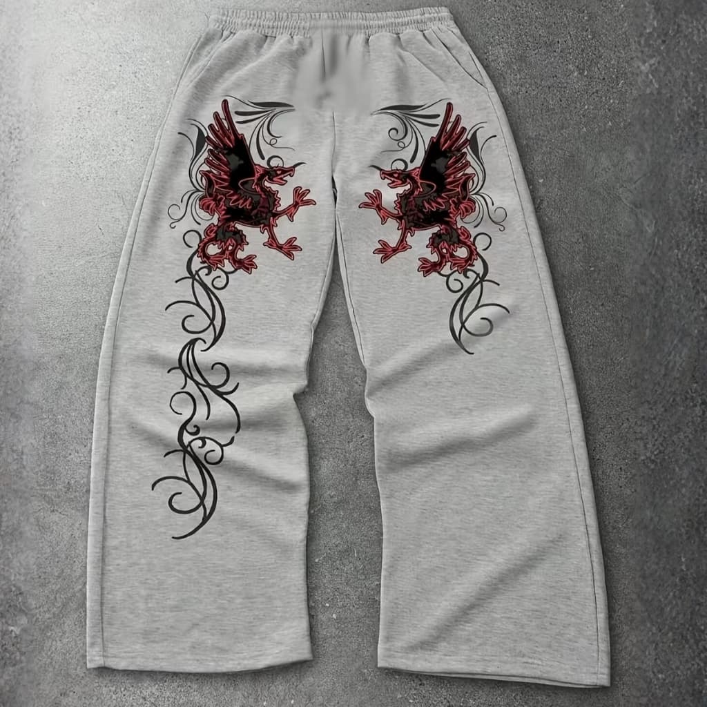 Calça Moletom Oversized Gótica Grunge Streetwear Alternativa Dragão Tribal Tendência