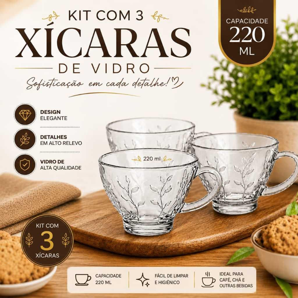 Kit Jogo 3 Xícaras Lily Floral Cozinha Café Louça Vidro Crystal 220ml Mesa Xicara Kir 3 Xicaras De Vidro