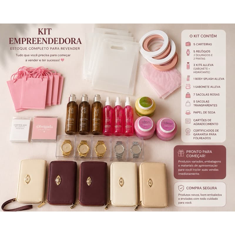 Kit Empreendedora Completo para Revenda | Carteiras, Relógios, Cosméticos e Embalagens