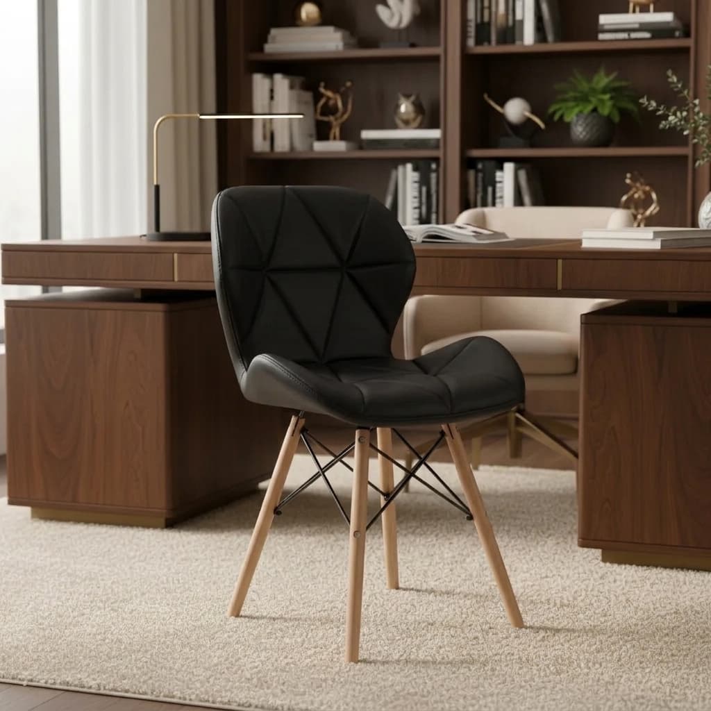 Cadeira Charles Eames Eiffel Slim Wood Estofada Penteadeira de Jantar em Couro Sintético