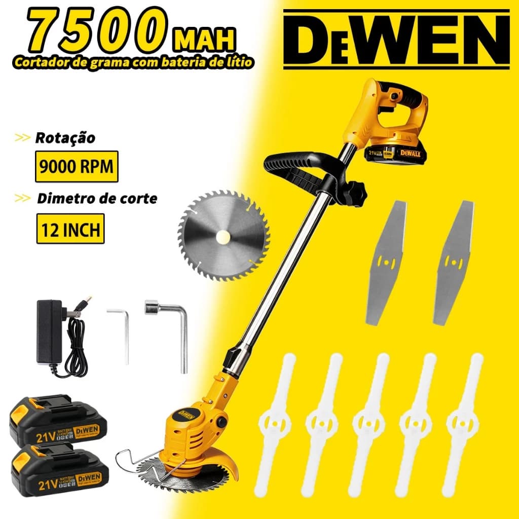 Cortador de grama profissional multifuncional sem fio de 600W, equipado com duas baterias de 48V e kit de lâminas