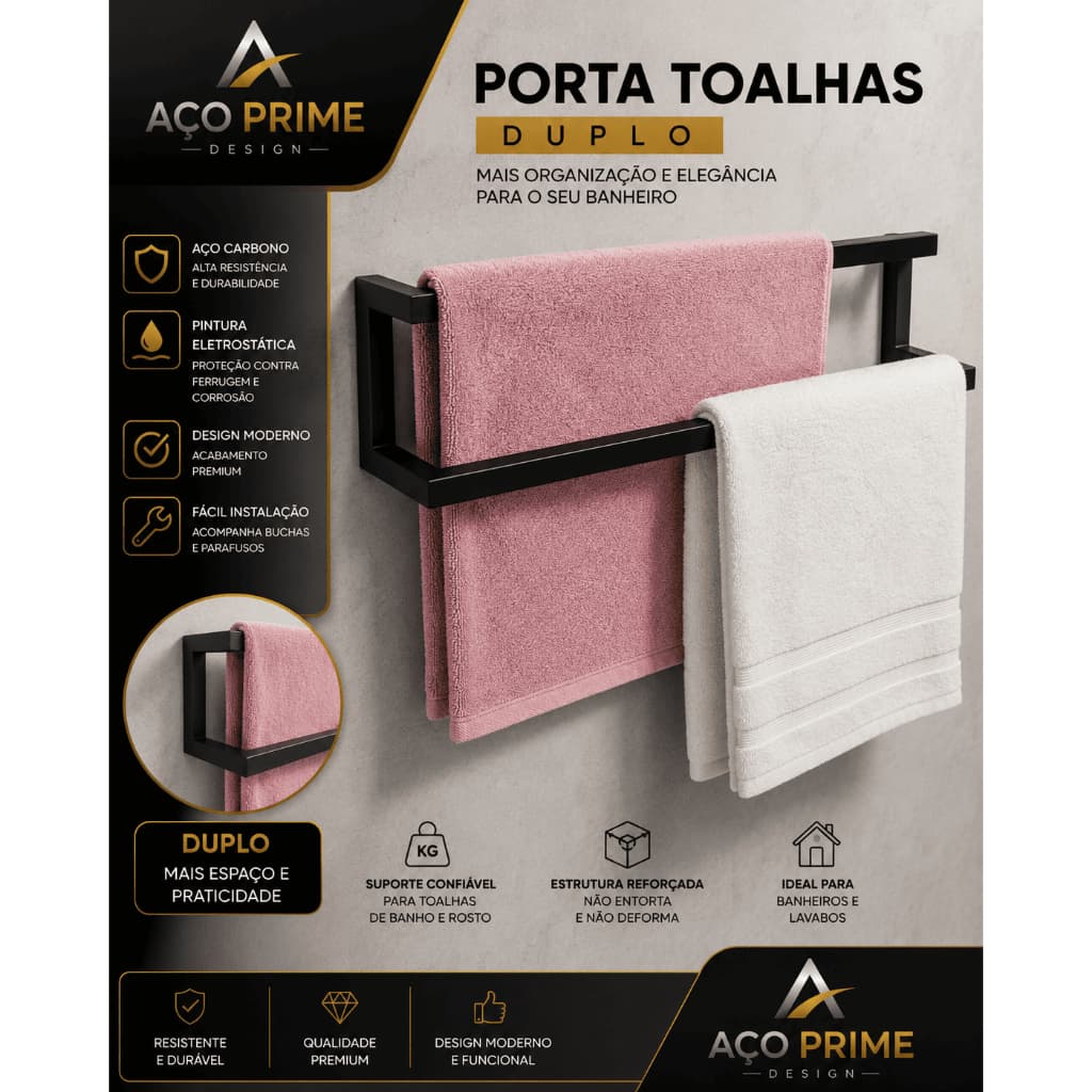 Porta Toalha Preto Duplo Estilo Industrial